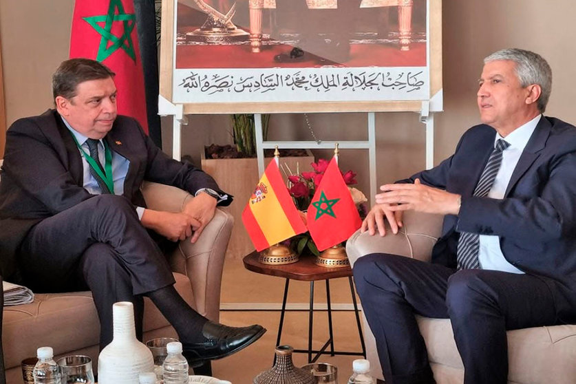 El ministro de Agricultura, Pesca y Alimentación, Luis Planas, durante la reunión bilateral mantenida con su homólogo marroquí, Mohammed Sadiki. POOL MONCLOA
