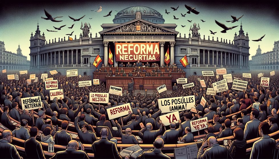 Ilustración que representa la necesidad de cambiar la política. representación simbólica del Parlamento español con grietas y una gran pancarta que dice "Reforma Necesaria", "Los problemas reales importan" y "Reforma ya". Archivo