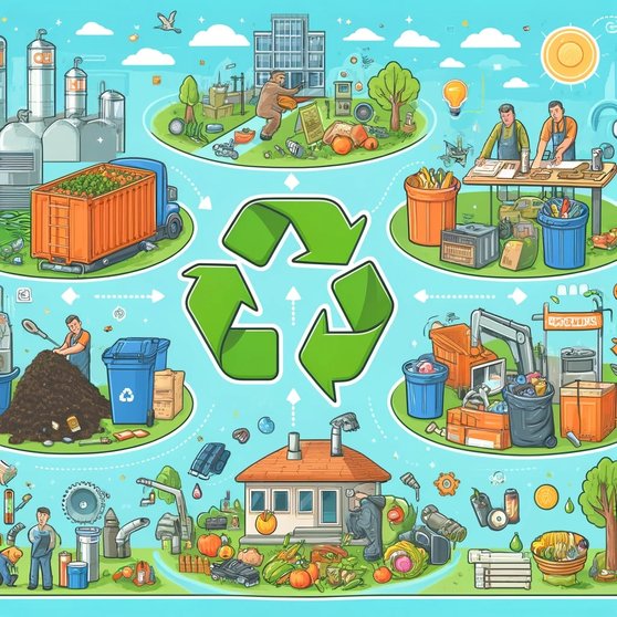 Ilsutración qe destaca la gestión de residuos y el reciclaje, el compostaje comunitario y la transición hacia una economía circular. Archivo