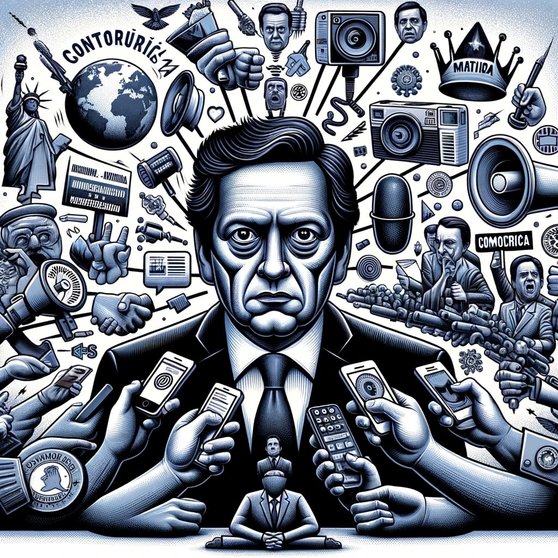 Ilustración que representa a Javier Milei en un entorno político, con elementos que destacan su presencia mediática, influencia en redes sociales. Archivo
