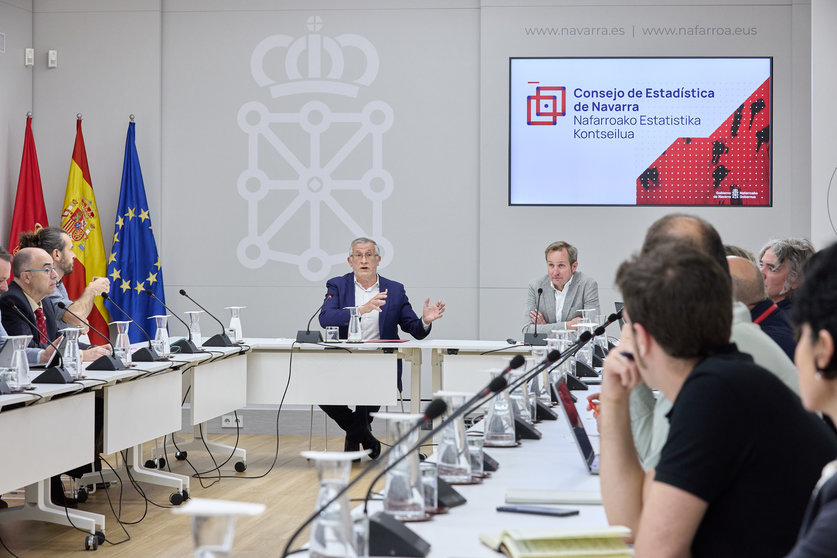 El vicepresidente Félix Taberna y Pablo Cebrián han presidido la reunión del Consejo de Estadística de Navarra celebrado esta mañana en el Palacio de Navarra.  GN